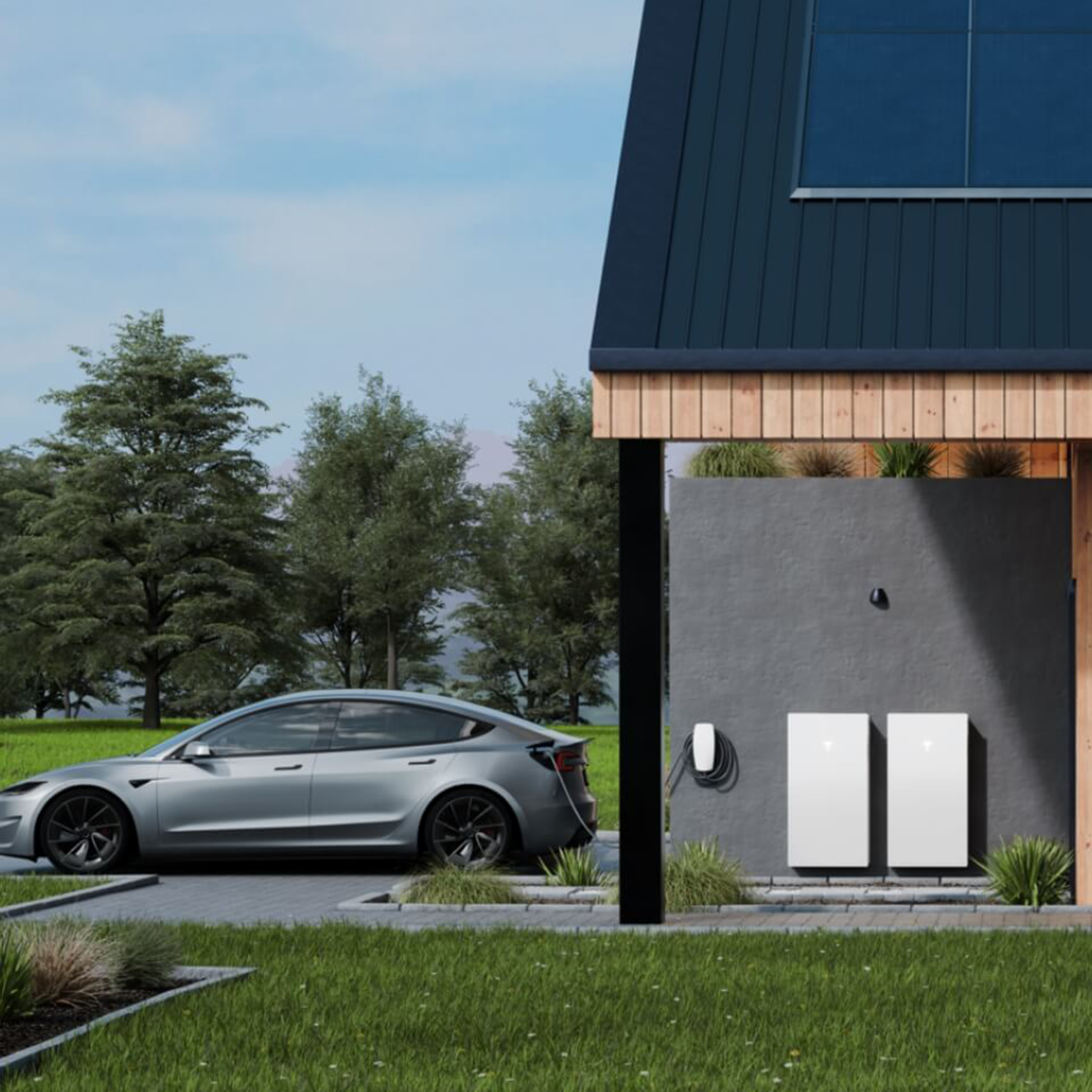 Maison moderne équipée de panneaux solaires et d'un Tesla Powerwall alimentant une voiture électrique Perpignan, Occitanie.